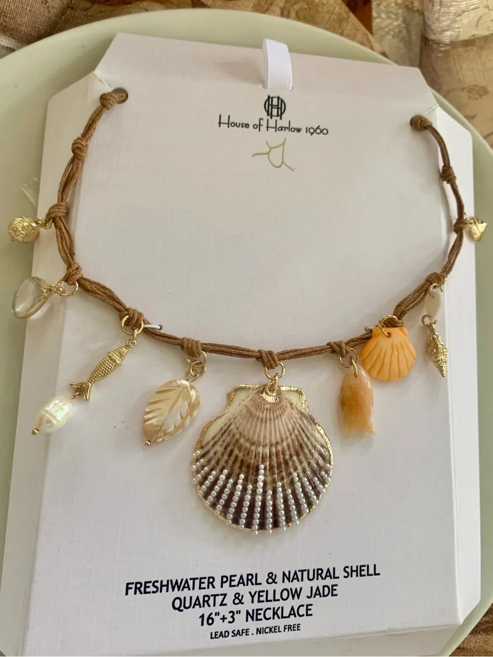 House of Harlow 1960 Brown Cord Shell & Pearl Charm Necklace with Gold Accents